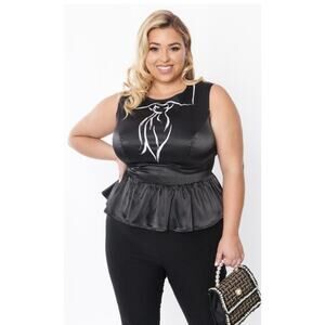 Unique Vintage Black Satin Trompe Loleil Bow Peplum Blouse Top 3X NWOT